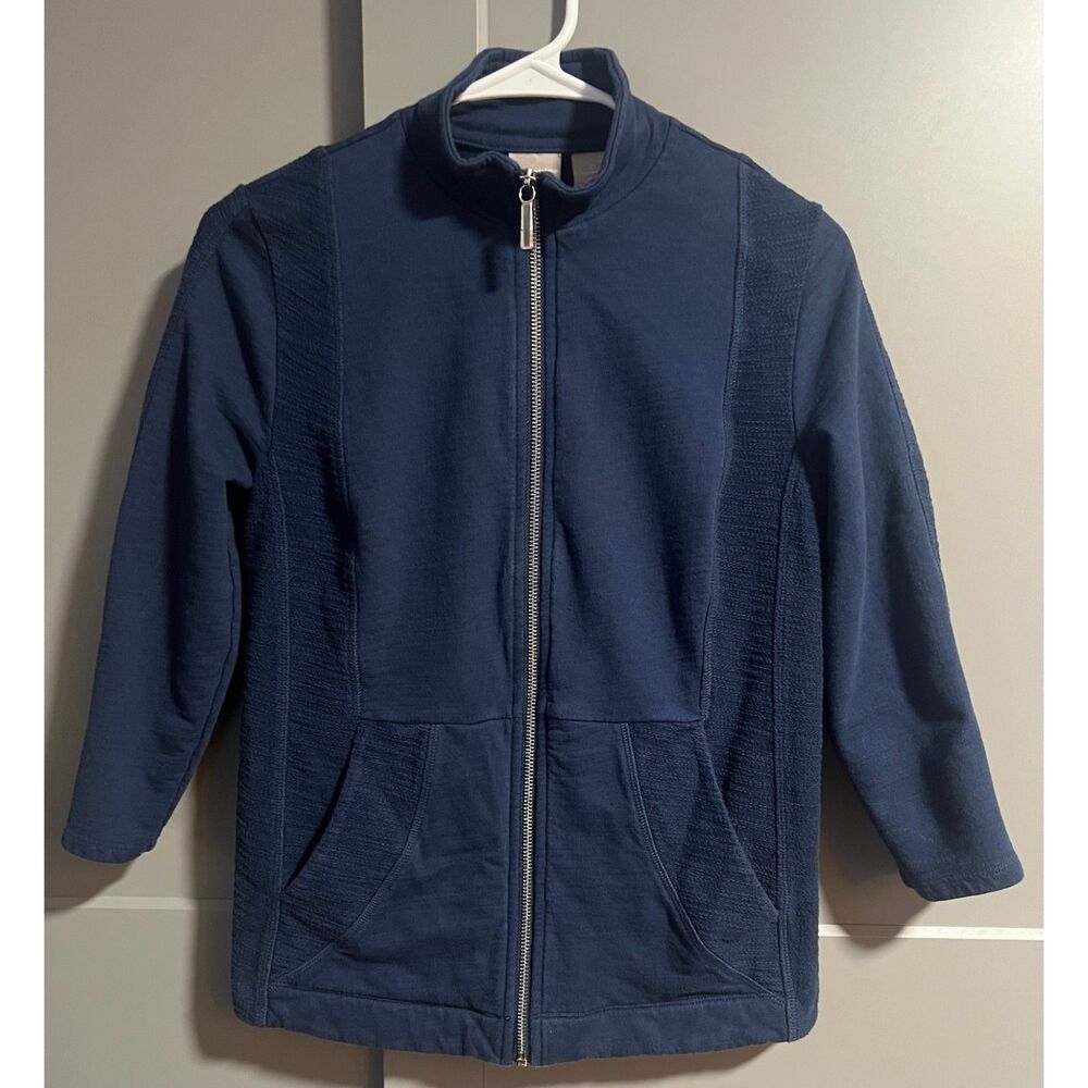 Chico's Zenergy 3/4 Sleeve Full Zip 100% Cotton Full Zip Jacket Blue 0 (US S)